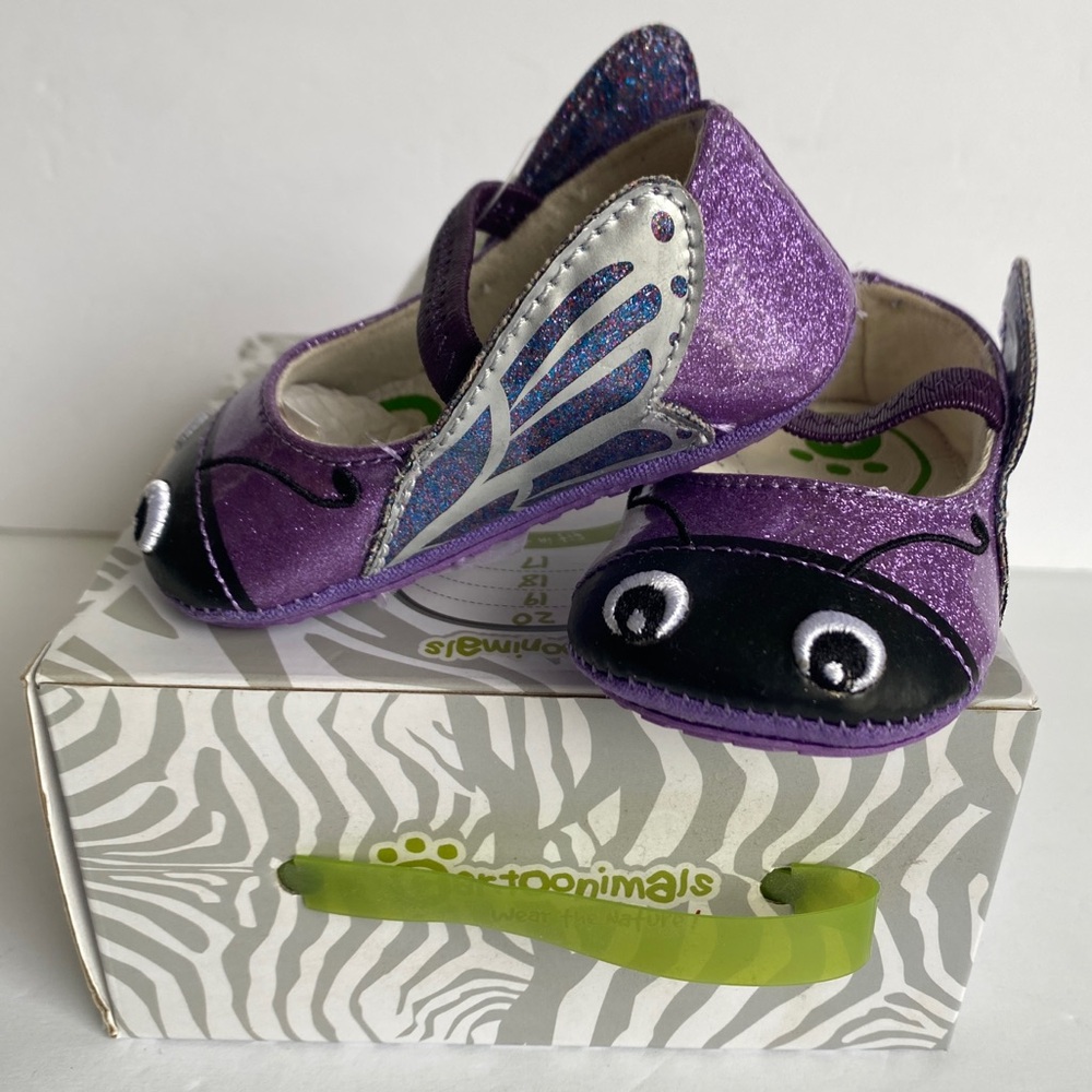 Cartoonimals Butterfly Baby Shoes Glitter Purple Wings Mary Janes 3-6 Mth 18 EU